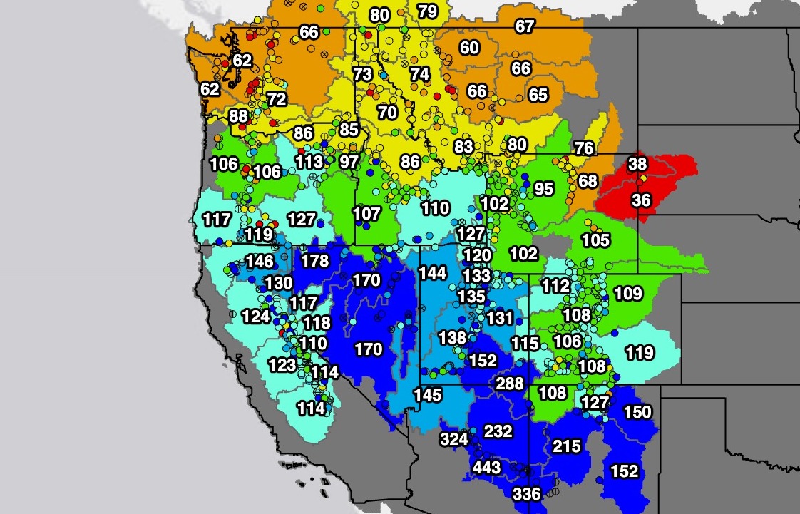Snow water equivalent (SWE) is below median for 44% of stations in the western continental U.S. Warm and dry snow drought conditions persist in Washington, northern Wyoming, Montana, and northern Idaho.
