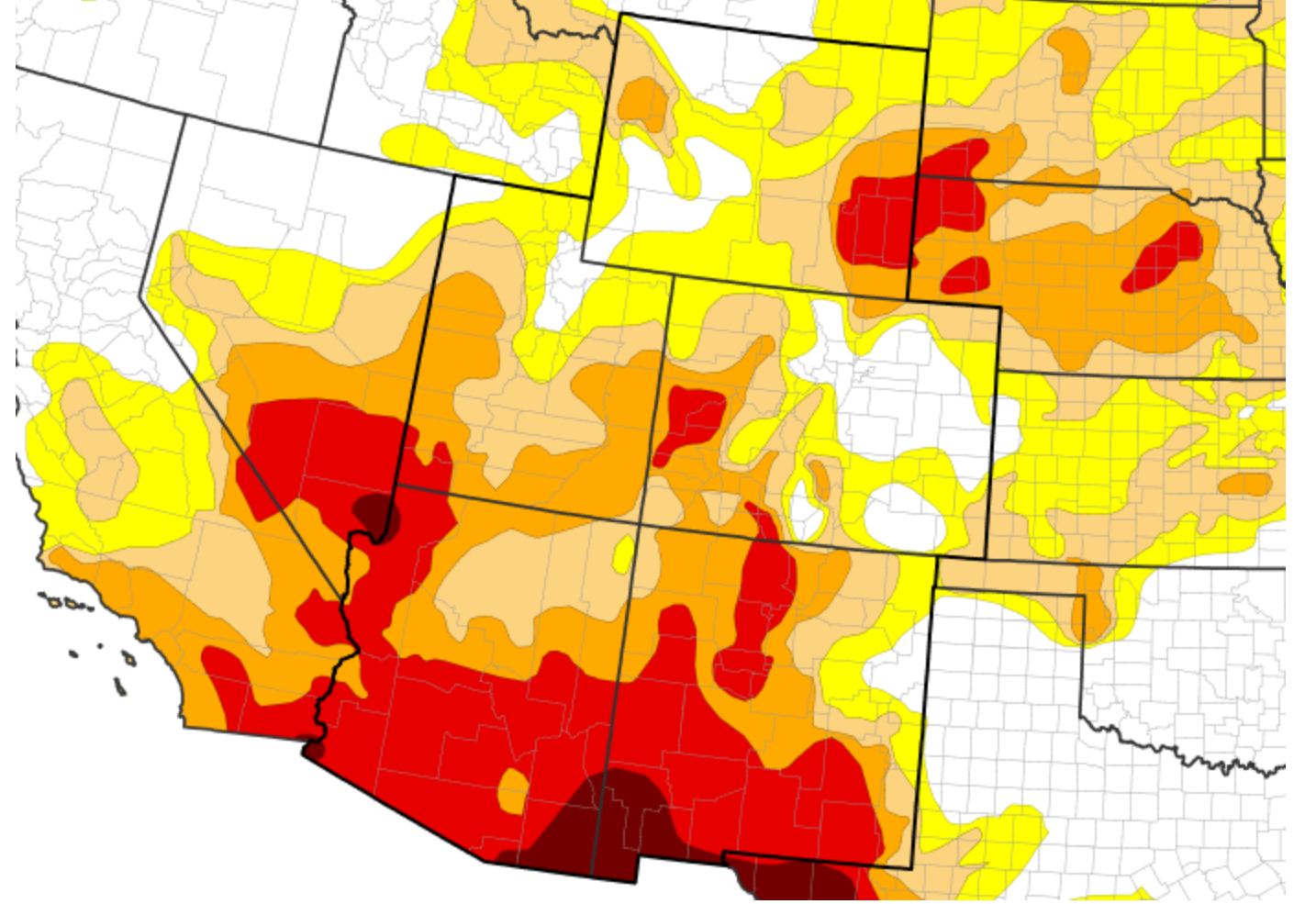 Drought is present in each Intermountain West state according to the U.S. with Exceptional Drought (D4) conditions in southern Arizona and New Mexico. Nearly all of Arizona is in drought. Moderate to Extreme Drought (D1-D3) is present in southern and cent