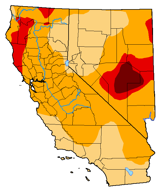 U.S. Drought Monitor map for California and Nevada, valid February 22, 2022. 100% of the region is in drought, and 12.93% is in extreme (D3) to exceptional (D4) drought.