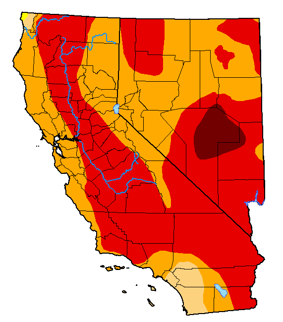 U.S. Drought Monitor map for California and Nevada, valid May 10, 2022. 99.92% of the region is in drought, and 57.78% is in extreme (D3) to exceptional (D4) drought.