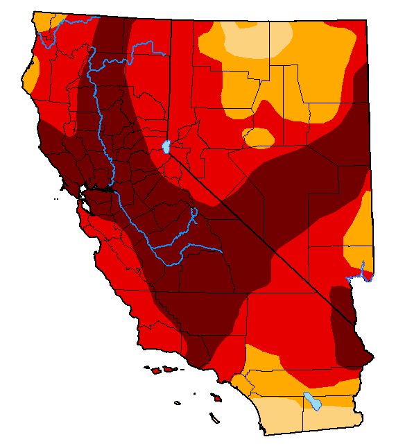 U.S. Drought Monitor map for California and Nevada, valid August 24 2021. 79.68% of the region is in extreme (D3) to exceptional (D4) drought.