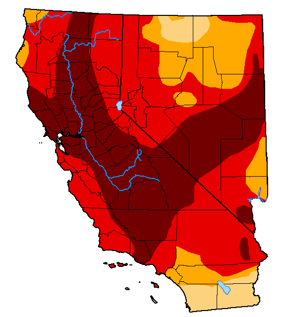 U.S. Drought Monitor map for California and Nevada, valid September 14, 2021. 100% of the region is in drought, and 79.57% is in extreme (D3) to exceptional (D4) drought.