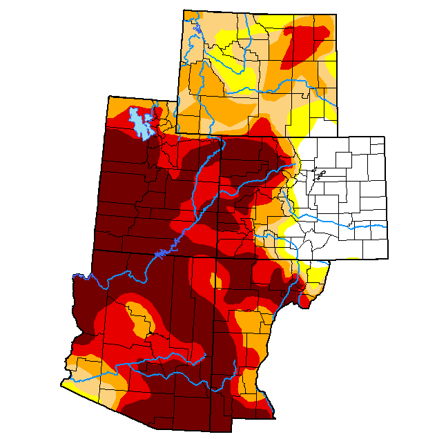 US Drought Monitor Map for Wyoming, Colorado, Utah, Arizona and New Mexico from June 22, 2021. Over one half of the region is experiencing extreme drought.