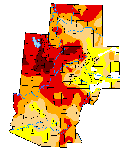 U.S. Drought Monitor map of AZ, CO, NM, UT, and WY as of September 28, 2021. 34% of the region is experiencing extreme (D3) to exceptional (D4) drought.