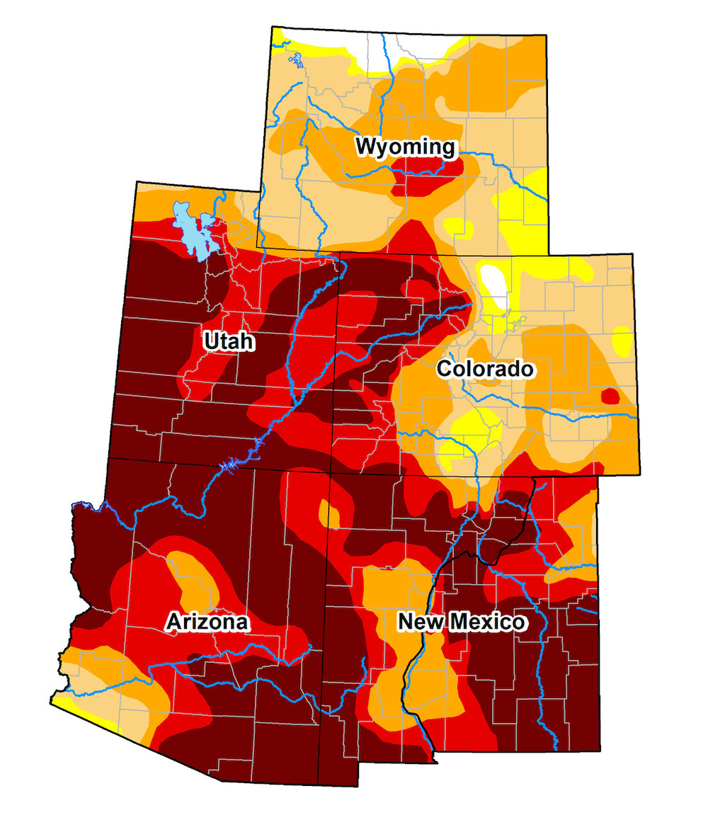 U.S. Drought Monitor map for Wyoming, Colorado, Utah, Arizona and New Mexico, valid April 20, 2021. Over one-third of the region is experiencing extreme drought (D3) or worse. More than half of the region is in extreme (D2) to exceptional (D4) drought.
