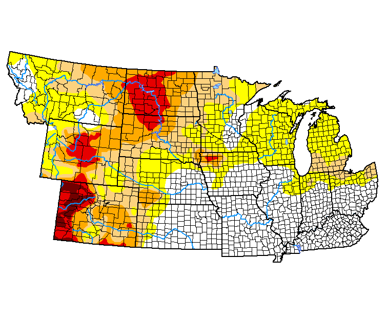 U.S. Drought Monitor map of the North Central U.S. as of March 30, 2021. Extreme Drought (D3) is present in eastern Montana, North Dakota, South Dakota, Wyoming, western Colorado, and northwest Iowa.