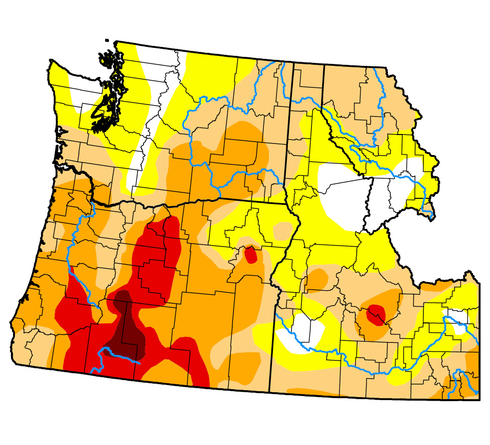 U.S. Drought Monitor map of Idaho, Oregon, and Washington, valid May 11, 2021. South central Oregon through central Oregon is in D3 Extreme Drought with a bullseye of D4 Exceptional Drought affecting Deschutes, Lake and Klamath Counties.