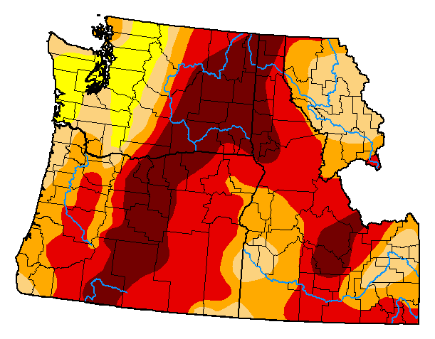U.S. Drought Monitor map for Idaho, Oregon, Washington, and eastern Montana as of July 27, 2021. 55% of the region is in extreme (D3) to exceptional (D4) drought.