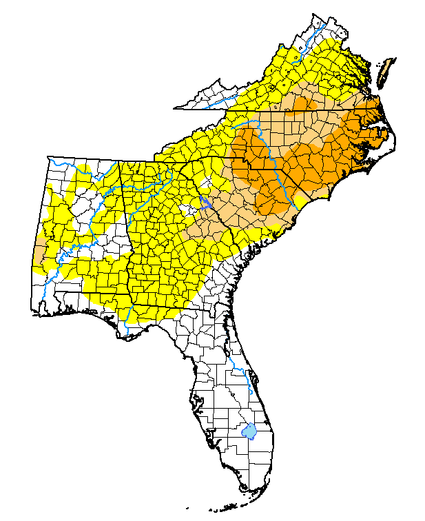 U.S. Drought Monitor map for Alabama, Georgia, Florida, the Carolinas, and Virginia as of December 7, 2021. 12.6% of the region (mostly in the Carolinas) is in severe drought (D2), and 67% of the region is in abnormally dry (D0) to severe drought (D2). 