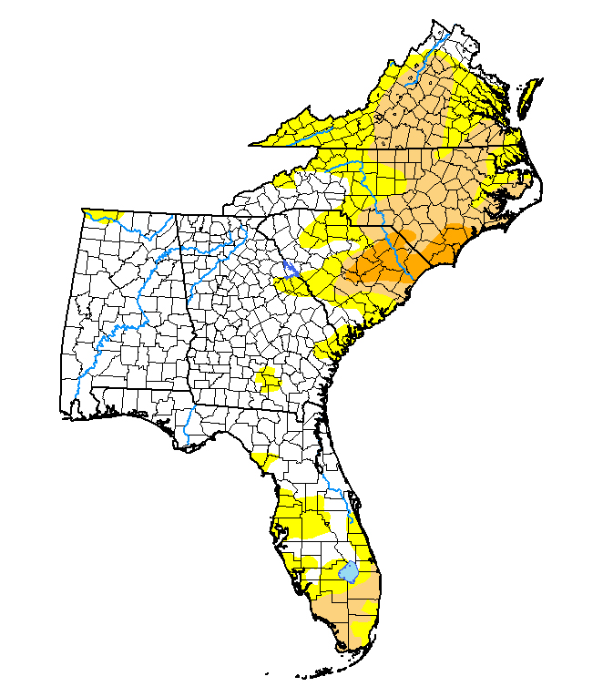 U.S. Drought Monitor map of Alabama, Florida, Georgia, North and South Carolina, and Virginia, as of June 3, 2021. Severe Drought (D2) is present in the Carolinas, with Moderate Drought in Virginia, the Carolinas, and Florida.