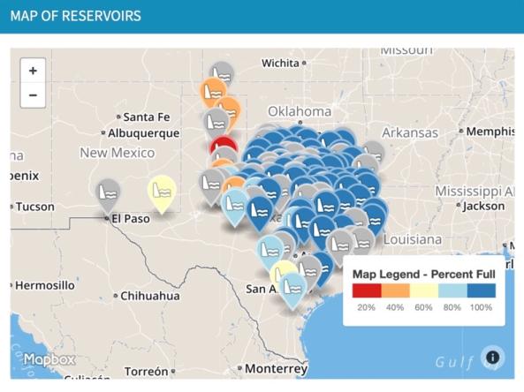 Decorative image. Map showing water reservoirs in Texas, Oklahoma, and Louisiana.