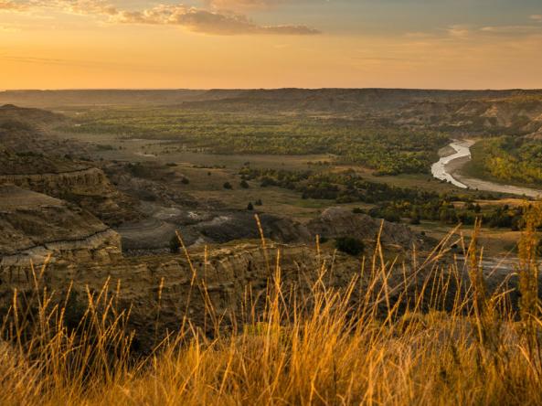 Hilly North Dakota landscape at sunset