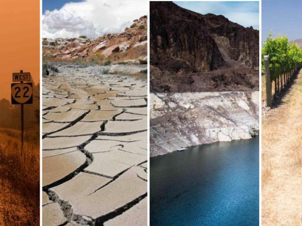 Side by side images of extreme heat; dry, cracked soil; low water levels; and agricultural drought.