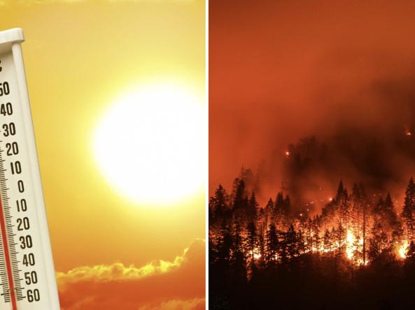 A thermometer showing high temperatures alongside burning trees from wildfire