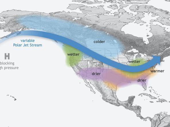 Diagram showing a typical La Nina winter pattern, from Climate.gov