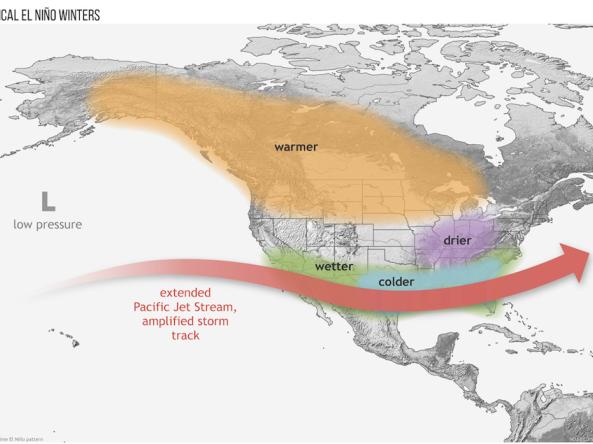 El Niño causes the Pacific jet stream to move south and spread further east. During winter, this leads to wetter conditions than usual in the Southern U.S. and warmer and drier conditions in the North. Image credit: NOAA.
