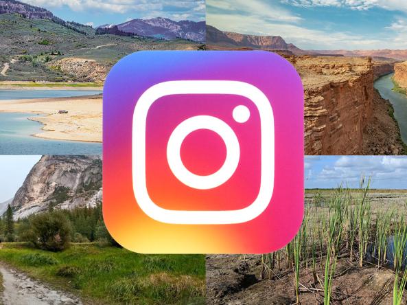 The Instagram logo surrounded by images of drought (courtesy of Shutterstock). The images represents the launch of the new NIDIS Instagram account, @noaadrought.