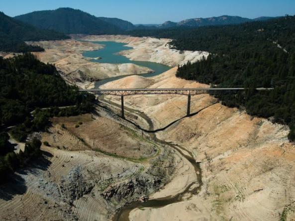 This photo shows California’s largest reservoir, Lake Oroville, nearly dry on August 19, 2014. Credit: California Department of Water Resources.
