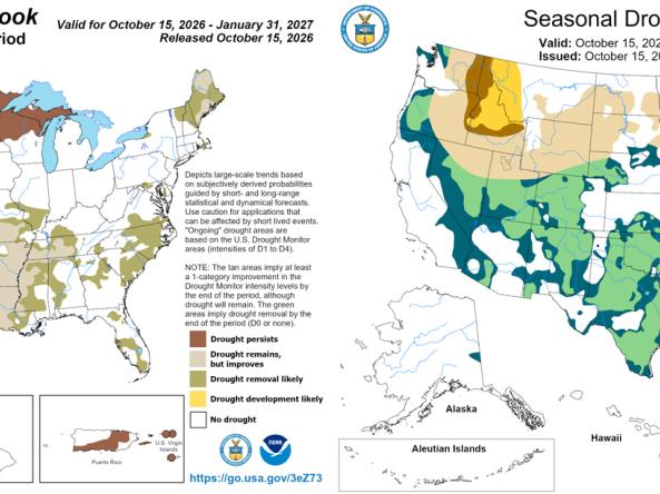 Two map images showing the old CPC seasonal drought outlook (top) and the new, redesigned seasonal drought outlook (bottom). The new outlooks features a streamlined display, new color scheme, and a new "drought worsens" category.
