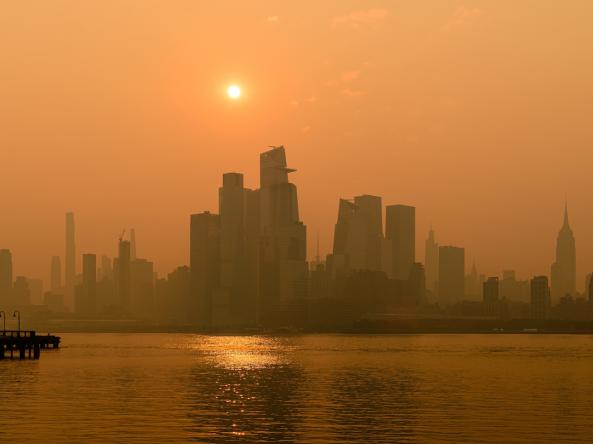 Sunrise over NYC during Canadian Wildfire Smoke Event, from Hoboken, New Jersey. Photo credit: Brian Youchak, Shutterstock.