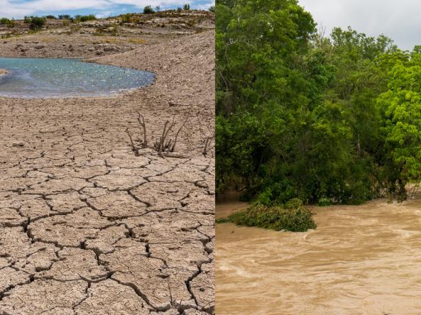 Dry, cracked earth from long-term drought alongside a photo of flooding in the Texas Hill Country. Photo credit: Heidi (left image) and Brigitte Thompson (left image), Adobe Stock.