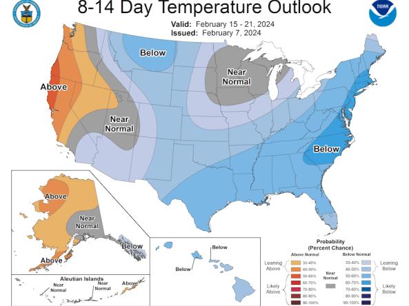 Representative map of an 8-14 day temperature outlook for the U.S.