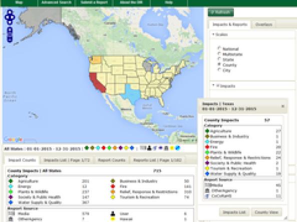 The Drought Impact Reporter is an interactive map showing drought impacts recorded for states, counties, and cities.