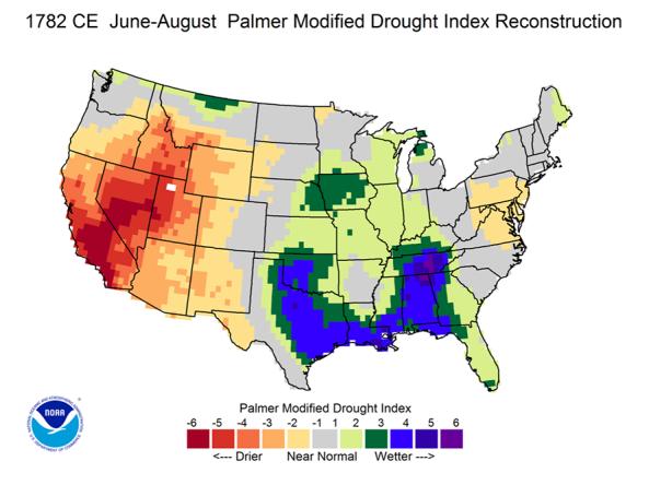 An example Palmer Modified Drought Index reconstruction map for 1782 CE.