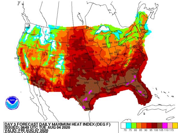 Representative map showing the NWS day 3 forecast daily maximum heat index.