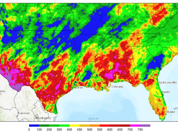Example map showing the Keetch-Byram Drought Index via the Fire Weather Intelligence Portal.