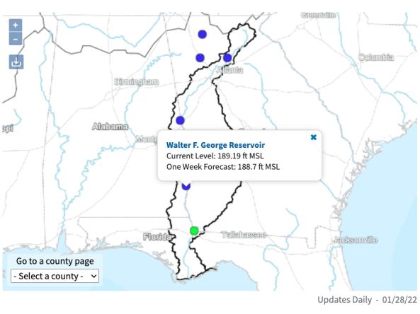 Example map of lake levels and forecasts from the ACF Dashboard