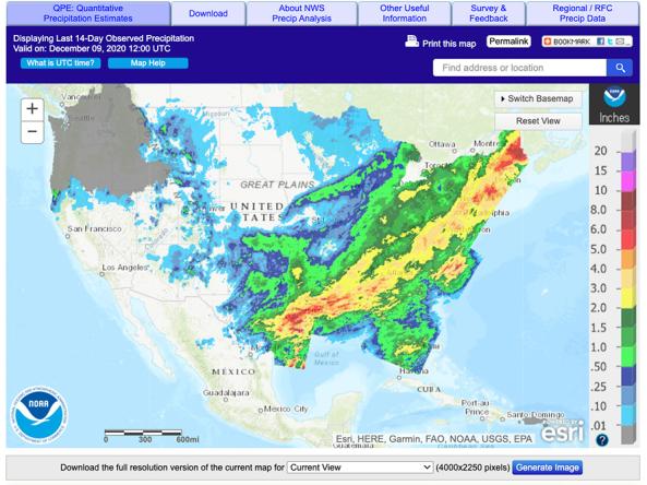 Example map of the U.S. showing quantitative precipitation estimates from AHPS