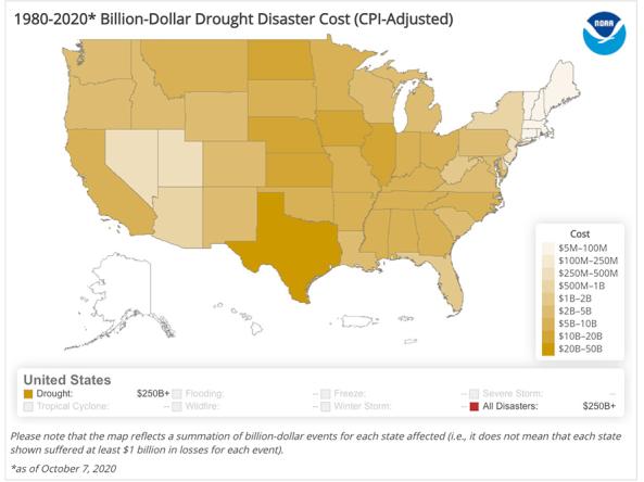 Example map showing the cost of billion-dollar drought disasters