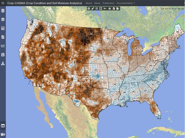 Crop-CASMA interactive map viewer, showing soil moisture conditions across the contiguous U.S.
