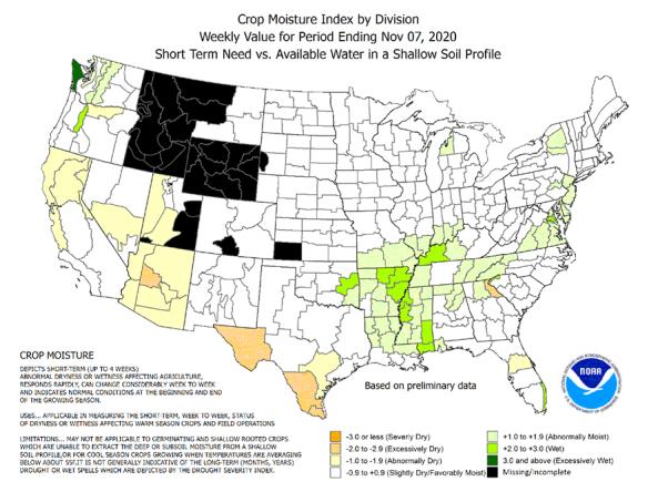Example map showing Crop Moisture Index by division