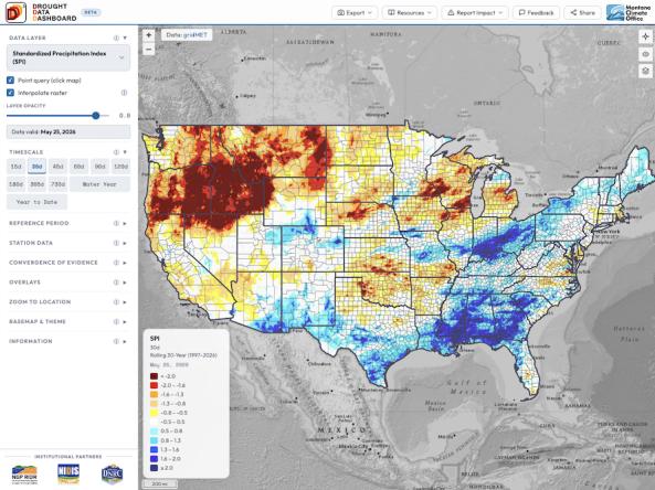 Screenshot of the D3 Dashboard, showing.a 30-day Standardized Precipitation Index map of the contiguous U.S.