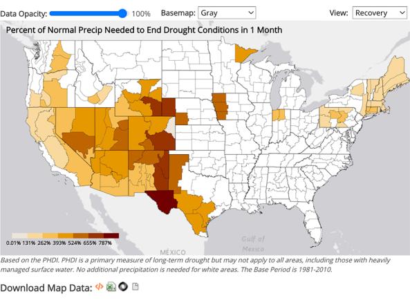 Example map of precipitation percent of normal needed to end drought conditions