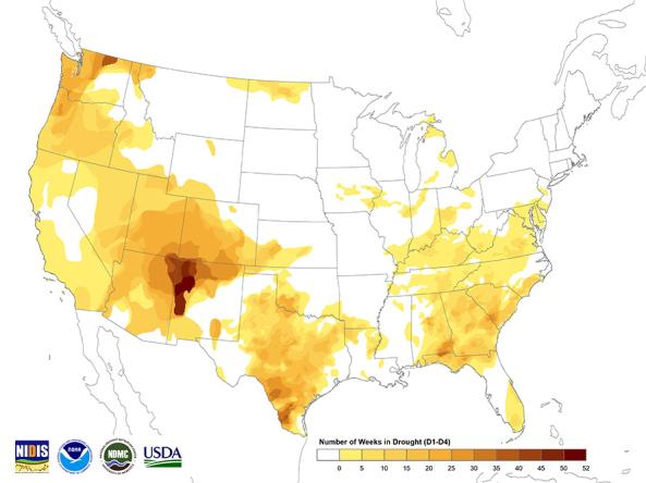 Example map showing cumulative weeks in D1-D4 drought during 2019