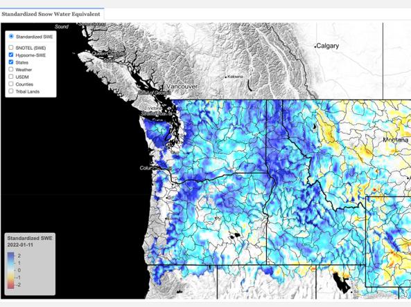 Example map showing Hypsome-SWE for the Pacific Northwest and Missouri River Basin