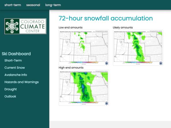 Intermountain West Ski Dashboard showing 72-hour snowfall accumulation maps