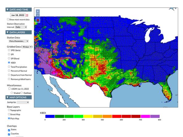 Example map showing the Keetch-Byram Drought Index via the Integrated Water Portal Map Viewer
