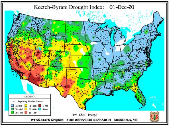 Keetch-Byram Drought Index map of the contiguous U.S.