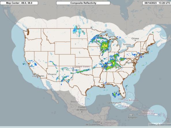 Example map of the contiguous United States showing MRMS precipitation estimates.