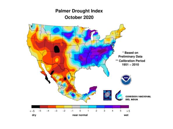 Example Palmer Drought Index map of the U.S. and Mexico