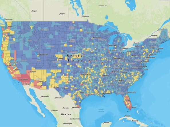 Example National Risk Index map of the U.S., showing risk index by county