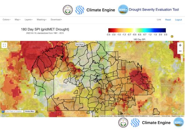 DSET interactive map showing example 180-day SPI for the Navajo Nation