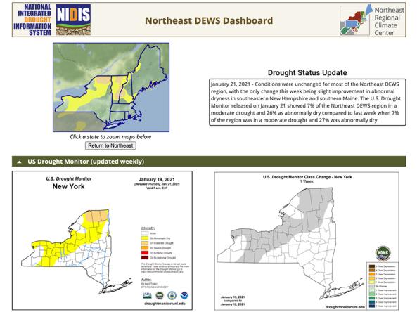 Preview of the Northeast DEWS Dashboard, showing a drought status update and U.S. Drought Monitor maps