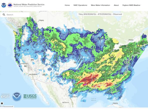 Example map showing NWPS precipitation estimates for the contiguous U.S.
