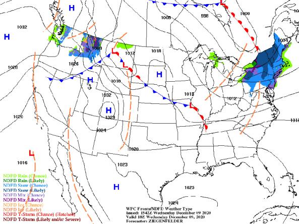 Example National Weather Service short-range forecast map of the U.S.