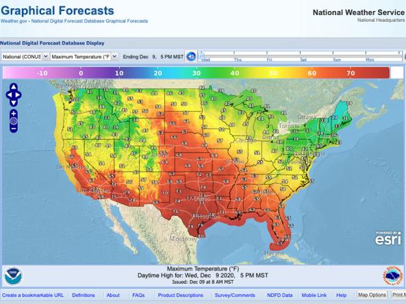 Example graphical forecast map showing maximum temperatures across the contiguous U.S.